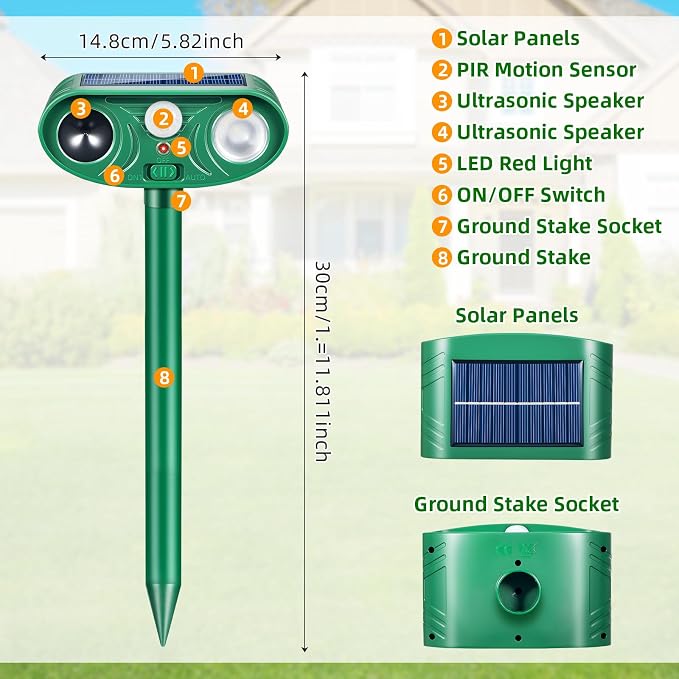 Solar Animal Repeller Outdoor 4 Pack, Motion Activated Deer Deterrent | Motion Activated Cat Repellent with LED Strobe Light Repeller Keep Squirrel Raccoon Skunk Rabbit Away from Yard Garden Farm