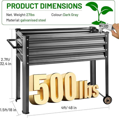 Land Guard 2 Pack Galvanized Raised Garden Bed with Legs & Wheels, 48×18×32in Metal Elevated Raised Planter Box for Backyard, Patio, Balcony, 500lb Capacity, Dark Grey