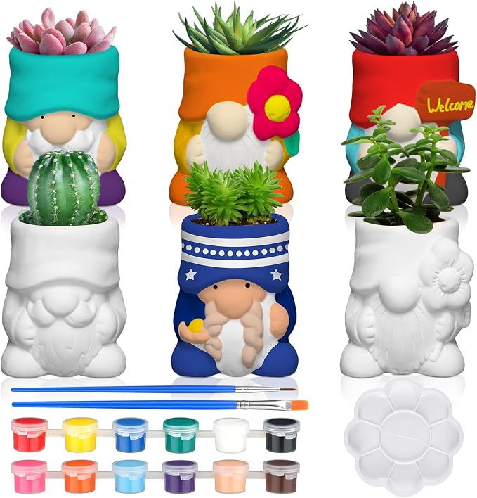 Beeveer 6 Sets Paint Your Own Gnomes Succulent Planter Cute Mini Unpainted Flower Pots DIY Paintable Succulent Pots for Christmas Classroom DIY Craft Project Activity