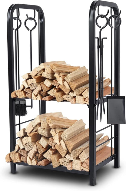 SereneLife Heavy Duty Firewood Rack Holder, Metal Log Storage Organizer with Shelves & Fireplace Tools, Black Powder Coated Wood Stacker for Indoor Fireplace, Outdoor Patio, Deck, Backyard