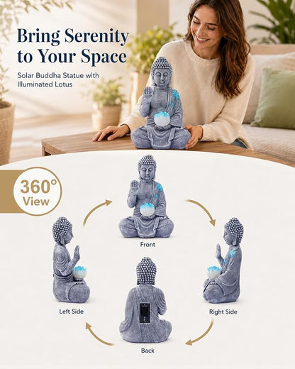 Nacome Solar Buddha Garden Statue Decor: Sitting Resin Figurine with Lotus Flower Light Zen Sculpture for Patio Lawn Yard Porch Balcony Meditation Space - 10.6 inches(Grey)