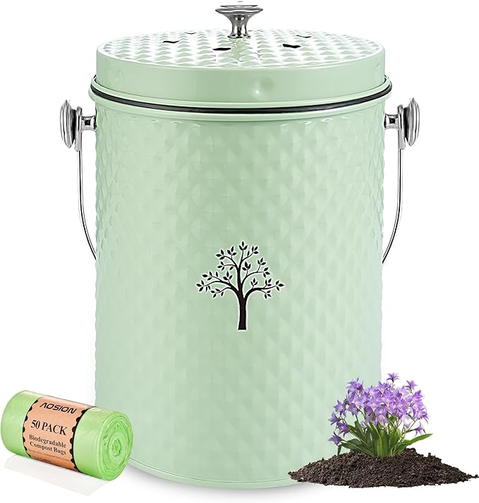 AOSION Countertop Compost Bin, Odor-Free Food Waste Container with 50 Bags | 1 Gallon Container,2 Carbon Filters,Compost Bucket, coffee grounds