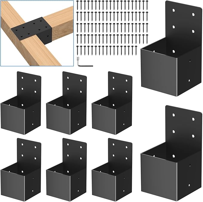 8 Pcs pergola Brackets 4x4(Actual Size 3.6'' x 3.6''), 4x4 pergola Bracket kit for Wood Post, Black Powder-Coated, Post Top Rafter Brackets or Gazebo,Log Cabins, Sunroom and Deck Railing Brackets
