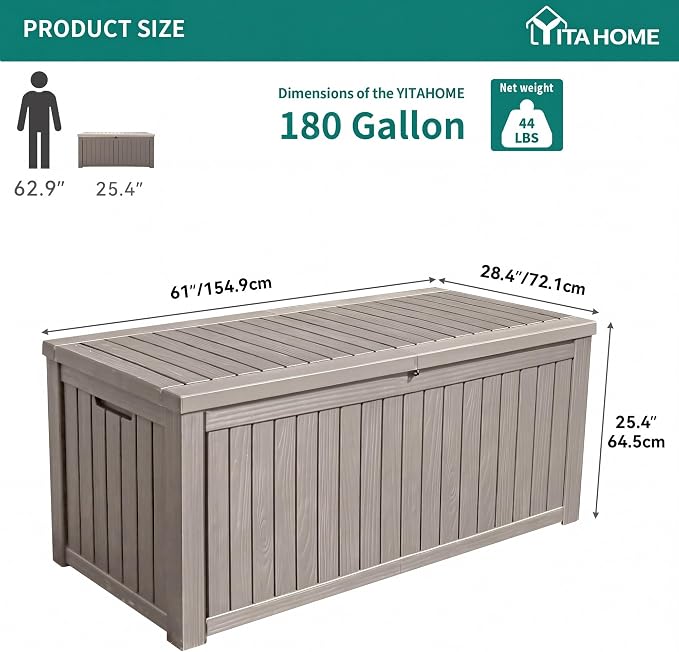 YITAHOME 180 Gallon Large Outdoor Storage XL Deck Box w/Divider for Patio | Outdoor Cushions, Garden Tools, Sports Equipment and Pool Supplies, Waterproof, Resin, Lockable, Taupe