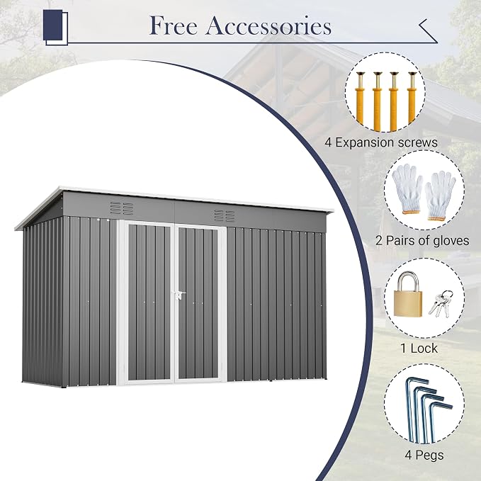 YOPTO 10x4 FT Outdoor Storage Shed, Metal Sheds with Floor Base & Open Firewood Storage,Steel Garden Shed with Lockable Doors,Sloped Roof,Windows, 2 in 1 Large Tool Shed for Patio, Backyard, Lawn.Gray
