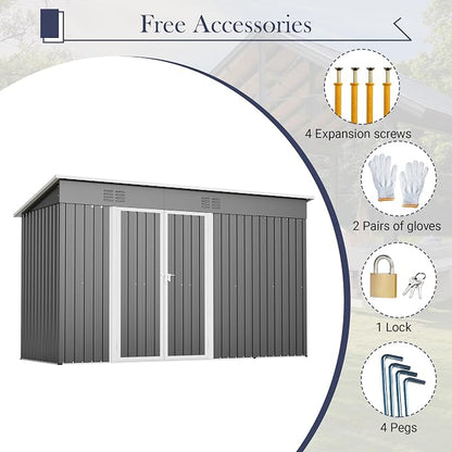 YOPTO 10x4 FT Outdoor Storage Shed, Metal Sheds with Floor Base & Open Firewood Storage,Steel Garden Shed with Lockable Doors,Sloped Roof,Windows, 2 in 1 Large Tool Shed for Patio, Backyard, Lawn.Gray