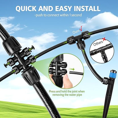230FT New Quick-Connect Drip Irrigation System Kit, Automatic Garden Watering Misting System for Greenhouse, Yard, Lawn, Plant with 1/2 inch Hose 1/4 inch Distribution Tubing and Accessories