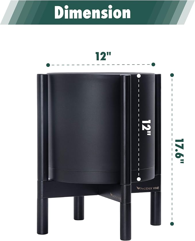 D'vine Dev Plastic Pot with Ebony Wood Stand, Black, 12 in, 55-C-Q-2 | Mid-Century Inspired Design, Elevated Plant Display, Clean Lines, Sturdy Support, Modern Space-Saving Style