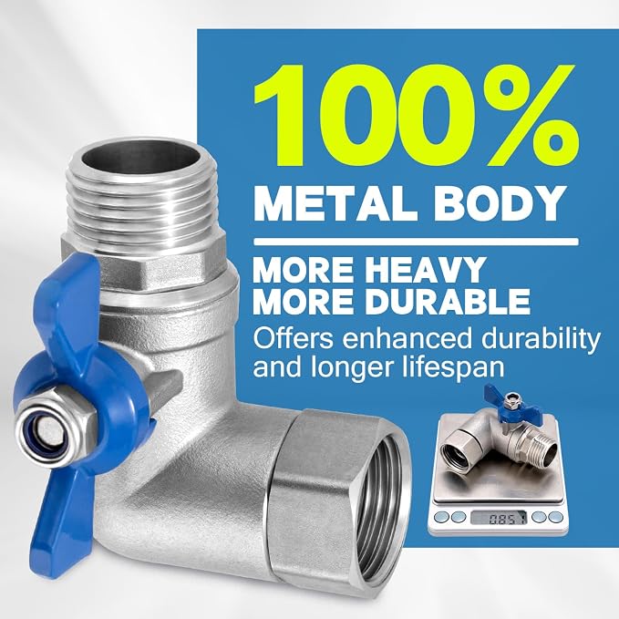 Heavy Duty 304 Stainless Steel 90 Degree Hose Elbow Connector, 3/4" GHT 90 Degree Garden Hose Elbow with Shut-Off Valve for Backyard, Garden Hoses, Outdoor Faucets, RVs(2 Packs)