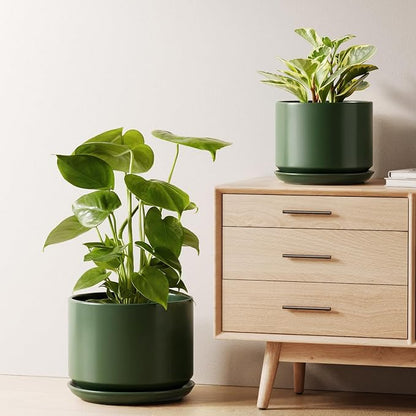 LE TAUCI Ceramic Plant Pots, Set of 2, 8+10 Inch Plant Pots Indoor with Drainage Hole & Saucer, Sturdy Planters for Indoor Plants, Modern Minimalist Decor for Snake Plant, Monstera, Green