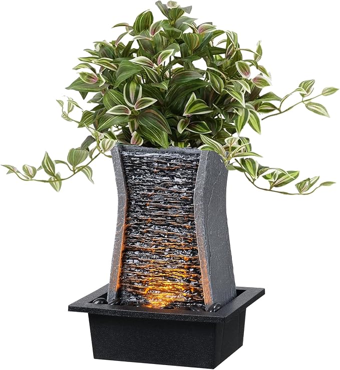 GOSSI Tabletop Water Fountain with LED Lights, Indoor Waterfall Fountain for Home Office Bedroom Decor, Includes Plastic Pots for Plant Growing, Relaxation Desk Accessory (24285)