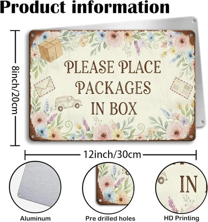 Garden Decor Delivery Sign Please Place Packages in Box Porch Decor | Homeowners • Front Door Display • Garden Theme • Floral Rustic Style • UV Printed • 8x12 Inch