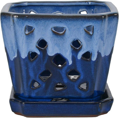 W&W Orchid Pot with Holes and Saucer for Repotting and Better Grow, White and Blue, 7 Inches