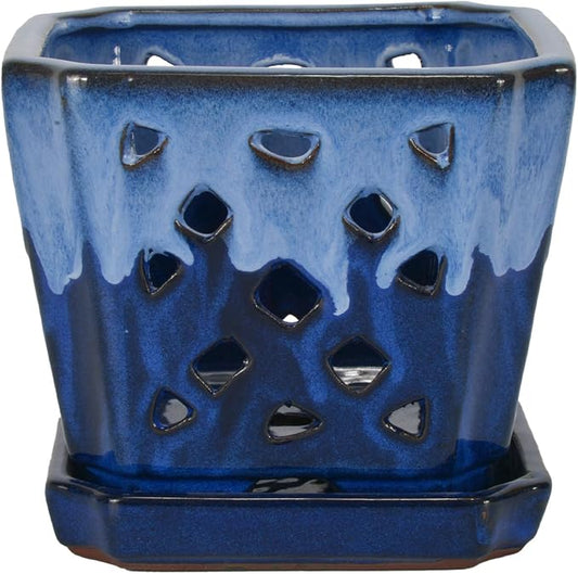 W&W Orchid Pot with Holes and Saucer for Repotting and Better Grow, White and Blue, 7 Inches