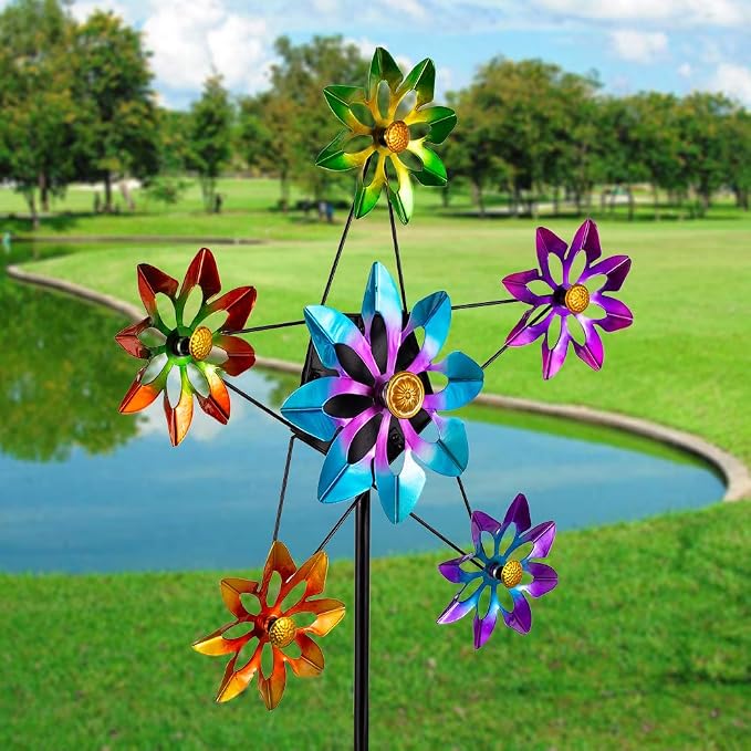 Stargarden Outdoor Kinetic Wind Spinner,Large Metal Wind Sculpture | Flower Metal Wind Spinners for Garden Yard Patio, 24.4"D*74"H