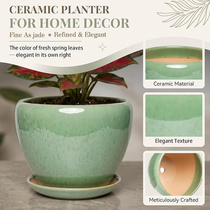 11 Inch Ceramic Plant Pot with Drainage Hole Mesh Net, Large Gardening Pots for Indoor Plants with Saucer, Crackle Green