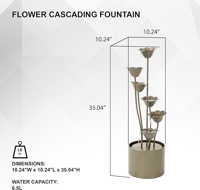 XBrand 35" Tall Silver Metal Sculptural Flower Multi-Tier Freestanding Water Fountain for Indoor & Outdoor Use, Decorative Garden Patio Backyard Water Feature