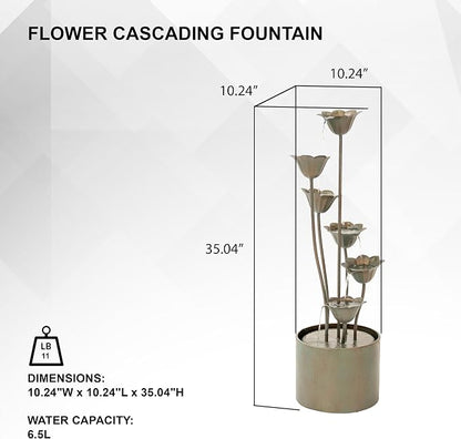 XBrand 35" Tall Silver Metal Sculptural Flower Multi-Tier Freestanding Water Fountain for Indoor & Outdoor Use, Decorative Garden Patio Backyard Water Feature