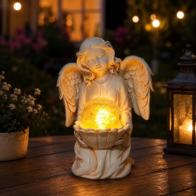 Angel Statue Outdoor Decor, Angel Garden Statues Holding Lotus Flower with Crackle Glass Globe Solar LED Lights Yard Decorations Lawn Ornaments Figurines for Outside or Gardening Gifts