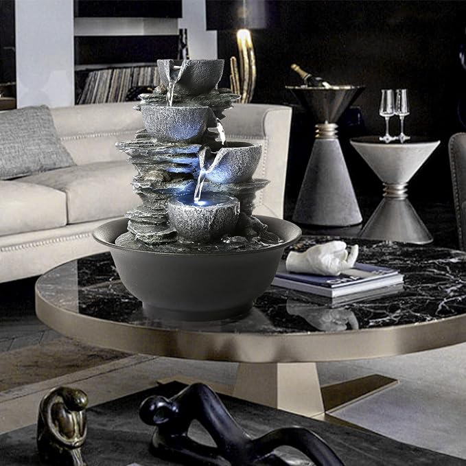 Tabletop Water Fountain Indoor Waterfall Fountains Stacked Rocks Water Feature Feng Shui Zen Meditation Relaxation Desktop Fountain for Home and Office Indoor Spaces Decor (Style 15)