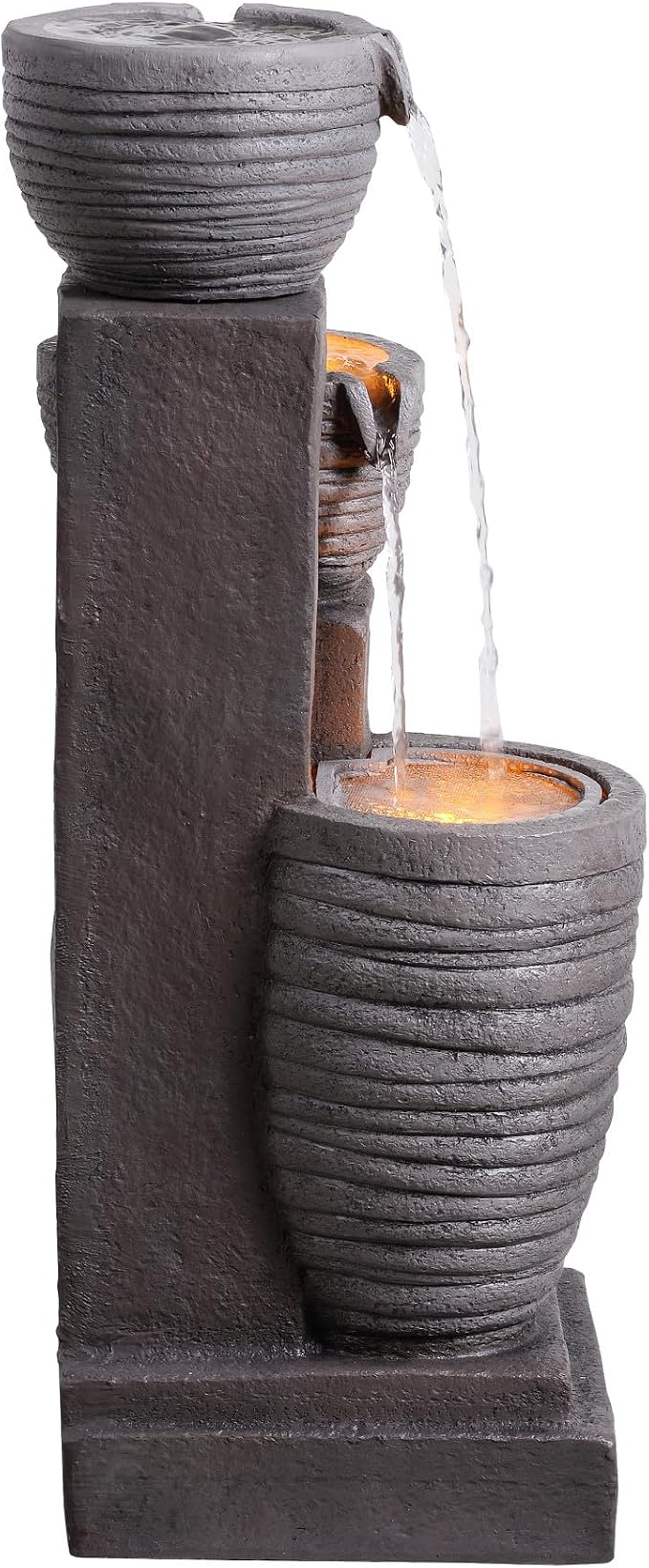 Teamson Home Horizontal Ribbed Pattern Outdoor Water Fountain, Warm Gray | Warm Glow Lighting, Adjustable Flow, Electric Pump