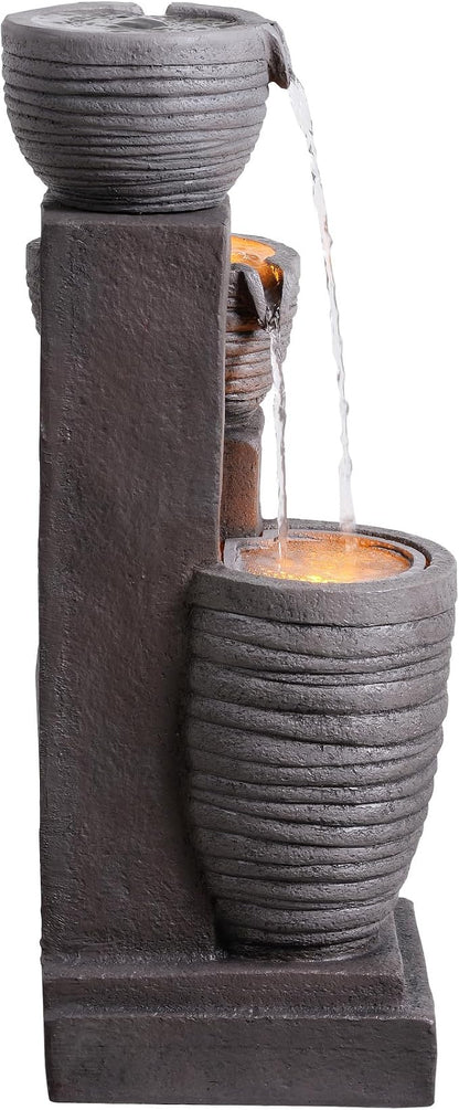 Teamson Home Horizontal Ribbed Pattern Outdoor Water Fountain, Warm Gray | Warm Glow Lighting, Adjustable Flow, Electric Pump