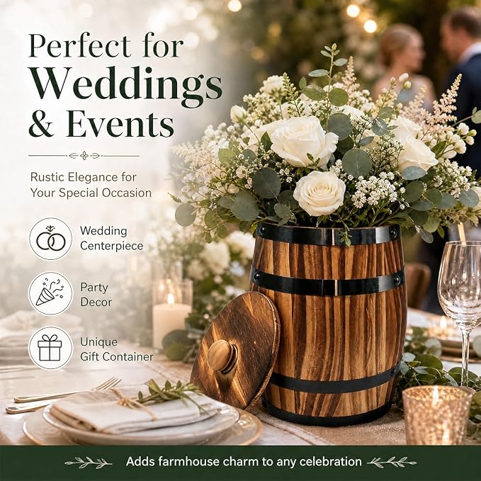 Sunmuliiiy4Pcs Wood Wine Barrel Vase 8" x 6.5" Rustic Wooden Flower Vase Rustic Barrel Barrel Planter for Wedding Reception Table Decoration Home Indoor Outdoor Garden, Kitchen, Party Table Decoration