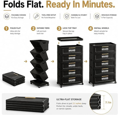 Foldable Storage Cabinet with Doors & Locking Wheels, 5-Tier Large-Capacity Organizer, No-Tool Setup, Impact-Resistant ABS Construction for Dorm, Pantry, Laundry, and Living Spaces
