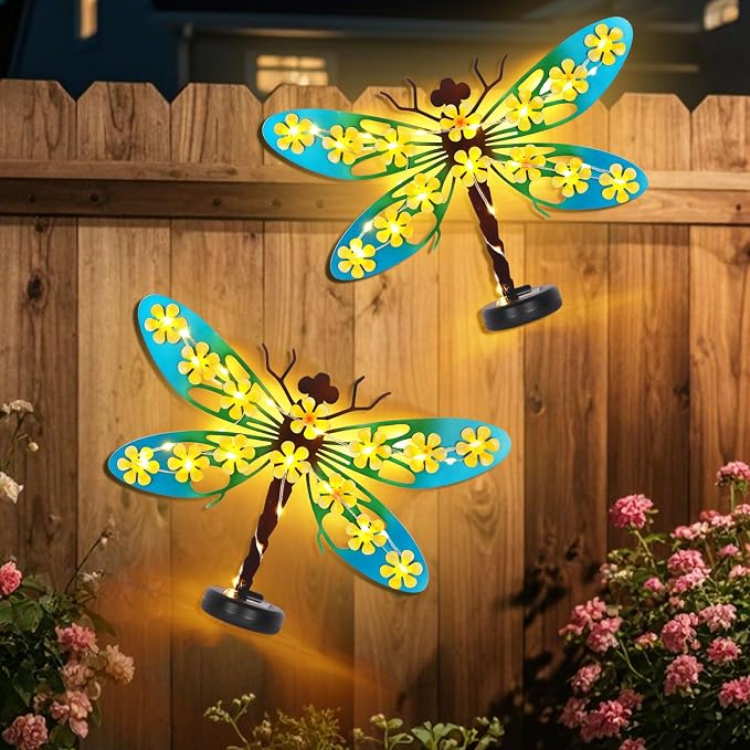 Metal Dragonfly Outdoor Wall Decor with 30 Led Solar Lights- 13.9" Outdoor Fence Wall Art Decor, Gift for Mom Grandma Women Birthday Gardening,Hanging Decoration for Garden Patio Porch Yard