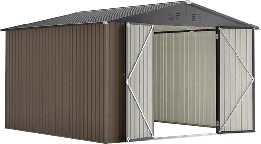 YOPTO 10 x 10 FT Outdoor Storage Shed,Heavy Duty Tool Sheds Metal Storage Garden Shed with Sloped Roof and Lockable Doors,Large Metal Storage Sheds for Backyard Patio Lawn, Brow