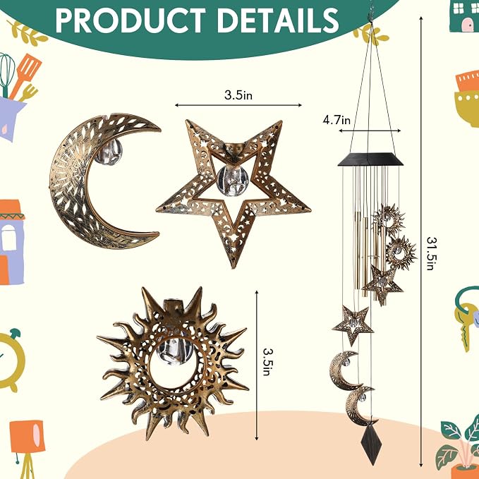 Colingmill Solar Wind Chimes for Outside Waterproof Hanging Wind Chimes Lights Outdoor Decor Yard Garden Gifts for Mother Mom Grandma Wife Neighbors (Sun Moon Star,Colored Lights)
