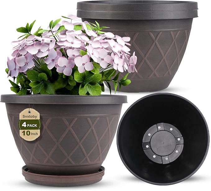 4 Pack 10 Inch Plant Pot, Planter Pots with Drainage Holes & Saucers, Modern Plaid Pattern Planters Garden Pots for Herbs, Decorative Plastic Flower Pots for Outdoor Indoor Home Plants (Brown)