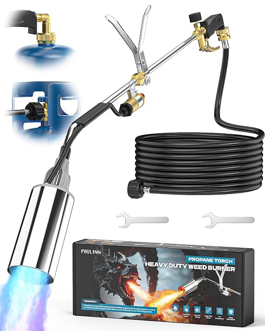 PAULINN Propane Torch Weed Burner, High Output 340,000 BTU Flamethrower with QCC 12 FT Hose, Compatible with 1 lb Propane cylinders and Any Standard 5–100 lb Tanks, Self-Ignite & Dual Flame Control