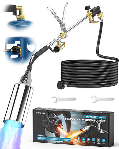 PAULINN Propane Torch Weed Burner, High Output 340,000 BTU Flamethrower with QCC 12 FT Hose, Compatible with 1 lb Propane cylinders and Any Standard 5–100 lb Tanks, Self-Ignite & Dual Flame Control