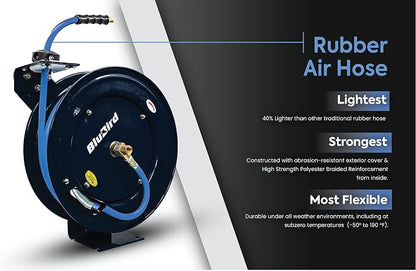 BLUBIRD BBR3825 20ga. Retractable Hose Reel with 3/8" x 25' Air Hose, 12 Point Ratcheting Gear, Next-Gen Rubber, Lightest, Strongest, Most Flexible, 300 PSI, -50F to 190F Degrees, Polyester Braided