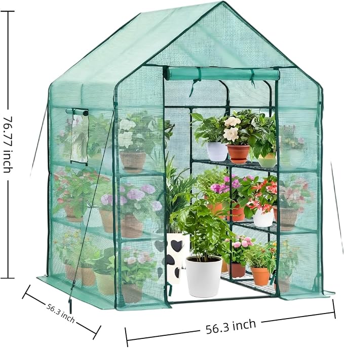 Walk-in Greenhouse with 12 Shelves, 74 x 37 x 49 inch Portable Greenhouse Kit with PVC Cover, Indoor Outdoor Green House for Seed Starting, Plants, Patio, Backyard, Clear Panels, Green