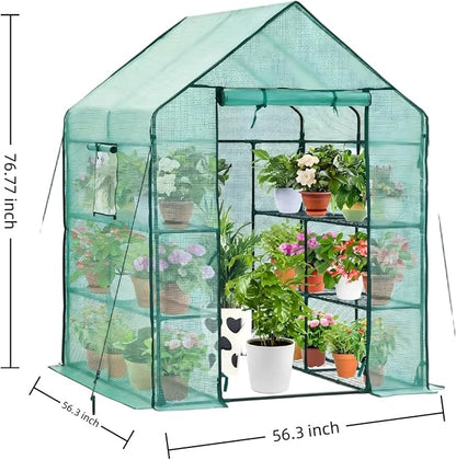 Walk-in Greenhouse with 12 Shelves, 74 x 37 x 49 inch Portable Greenhouse Kit with PVC Cover, Indoor Outdoor Green House for Seed Starting, Plants, Patio, Backyard, Clear Panels, Green