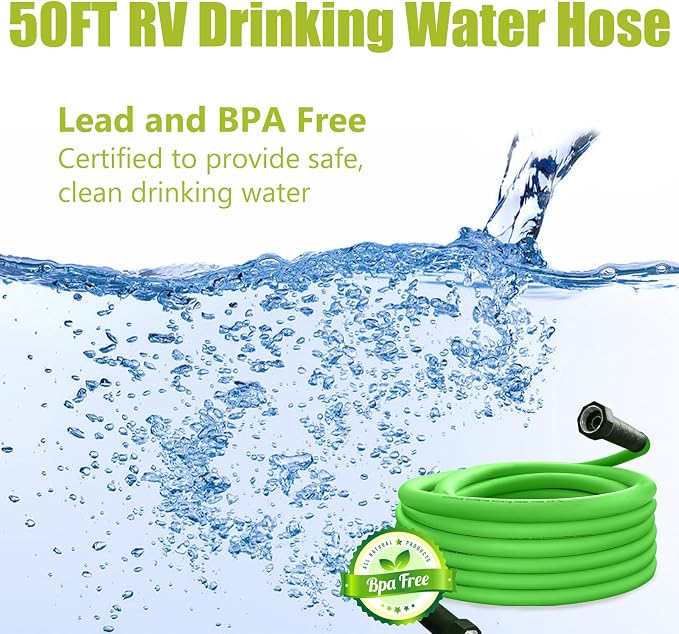 Cupohus RV Drinking Water Hose 50FT with Storage Strap, Green No Kinking 5/8''ID Premium Fresh Water Hose for RV, Marine, Camper, Truck, Car, Garden