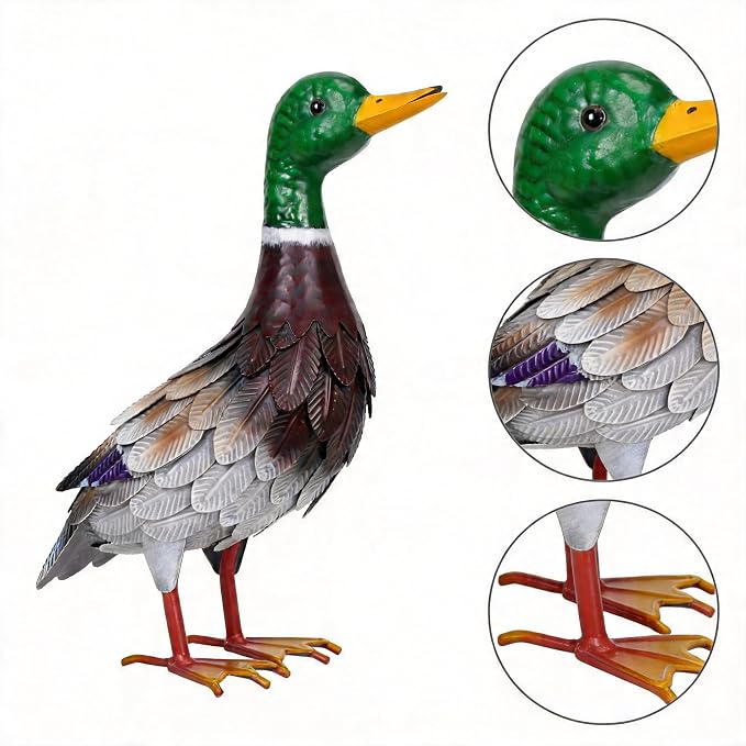 Shorayn Garden Statue Metal Duck Life-Size Mallard Indoor Outdoor Decor Handmade Iron