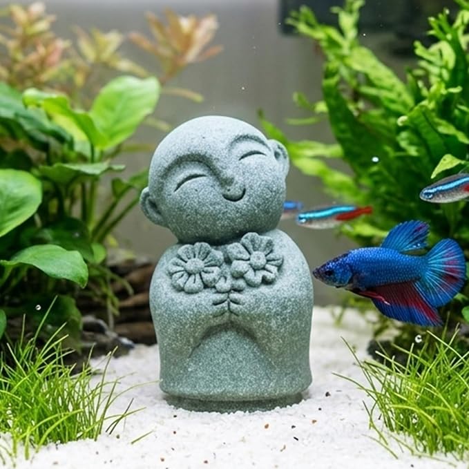 LIYAOLI Mini Monk Buddha Statue Sandstone, Aquarium Decor Fish Tank Accessories, Zen Meditation Feng Shui Figurine for Home Office Desk, Lucky Wealth Car Garden Decoration