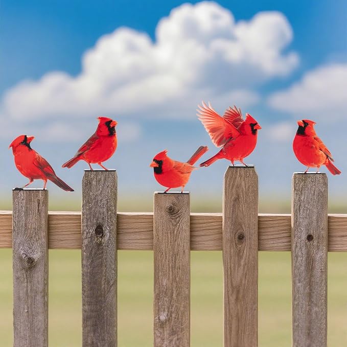 HUYIENO 5PCS Vivid Metal Birds Fence Decor 2D Dual Side Color Painted Outdoor Garden Natural Bird Sculptures for Outdoor Fences, Patio, Garden and Bird Lovers (Cardinal)