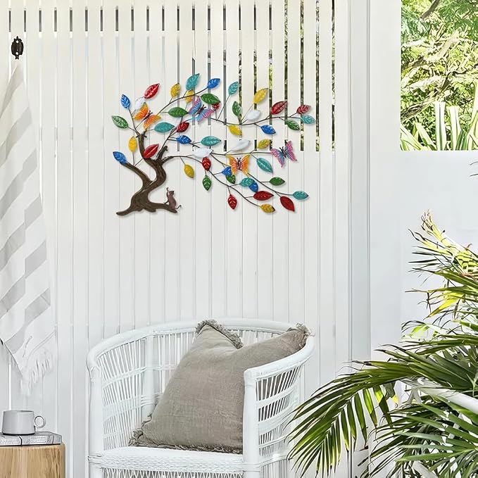 dreamskip Tree of Life Metal Wall Art, 23" Outdoor Large Tree Wall Sculpture with Colorful Leaves and Butteflies, Metal Outdoor Garden Decor for Patio, Fence, Yard, Living Room, Bedroom