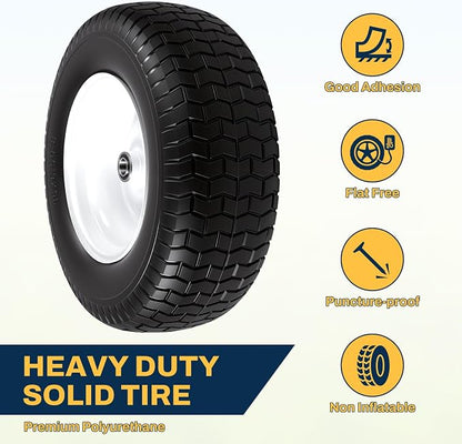 16x6.50-8 Flat Free Lawn Mower Tire and Wheel, 16x6.5-8 Solid Replacement Front Tires for Riding Mowers and Lawn Tractors, with 3/4" Bushings & 5/8" Bearings, 3" Centered Hub, 2 Pack