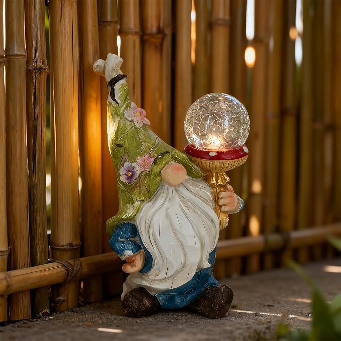 Garden Gnome Solar Light StatueOutdoor Decorative Statue | Gnome With Crackle Glass Globe, Blue & White Floral Design, Waterproof LED Yard Art for Patio, Lawn, Garden,Gift for Women