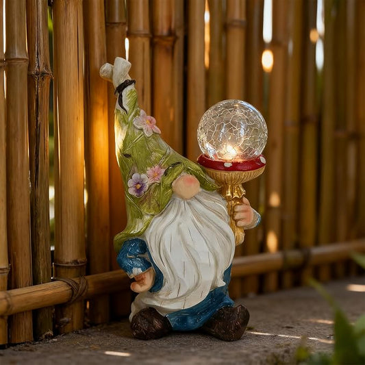 Garden Gnome Solar Light StatueOutdoor Decorative Statue | Gnome With Crackle Glass Globe, Blue & White Floral Design, Waterproof LED Yard Art for Patio, Lawn, Garden,Gift for Women