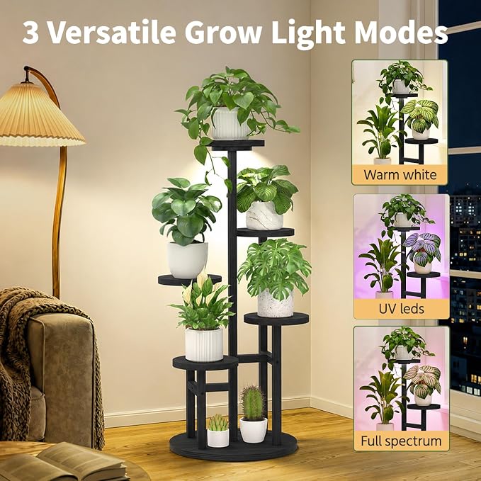 LASZOLA 5 Tiered Wood Plant Stand Indoor Corner with Grow Light, Flower Holder Rack Tall for Multiple Plants, Rustic Planter Shelf Display for Patio Garden Balcony Living Room， Black