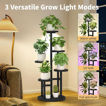 LASZOLA 5 Tiered Wood Plant Stand Indoor Corner with Grow Light, Flower Holder Rack Tall for Multiple Plants, Rustic Planter Shelf Display for Patio Garden Balcony Living Room， Black