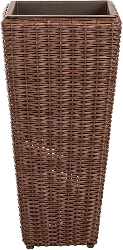 Balkene Home 62501 Alto Wicker All-Weather Planter Set with Liners Tall Plant Decor Box for Outdoors Patio Herb Garden Furnishings - Mocha - Pack of 2