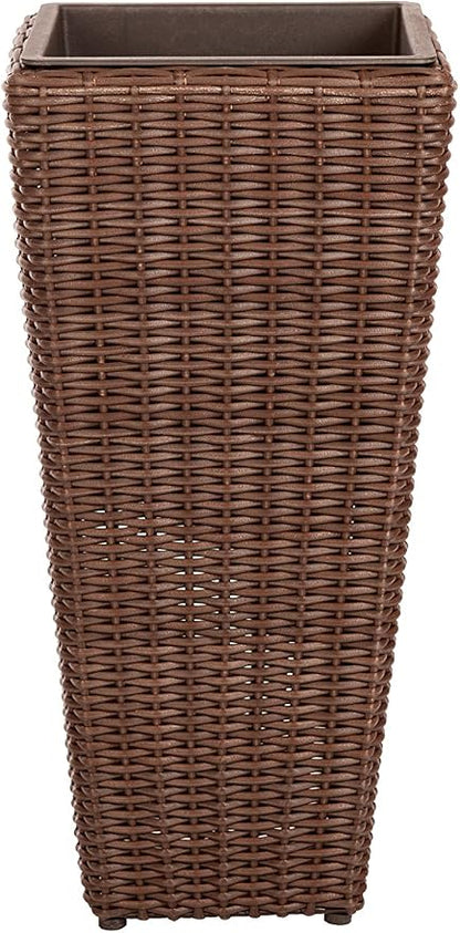 Balkene Home 62501 Alto Wicker All-Weather Planter Set with Liners Tall Plant Decor Box for Outdoors Patio Herb Garden Furnishings - Mocha - Pack of 2