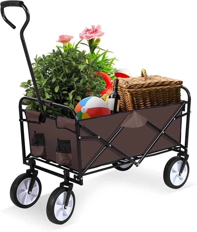 YSSOA Rolling Collapsible Garden Cart Camping Wagon, with 360 Degree Swivel Wheels & Adjustable Handle, 220lbs Weight Capacity,Brown